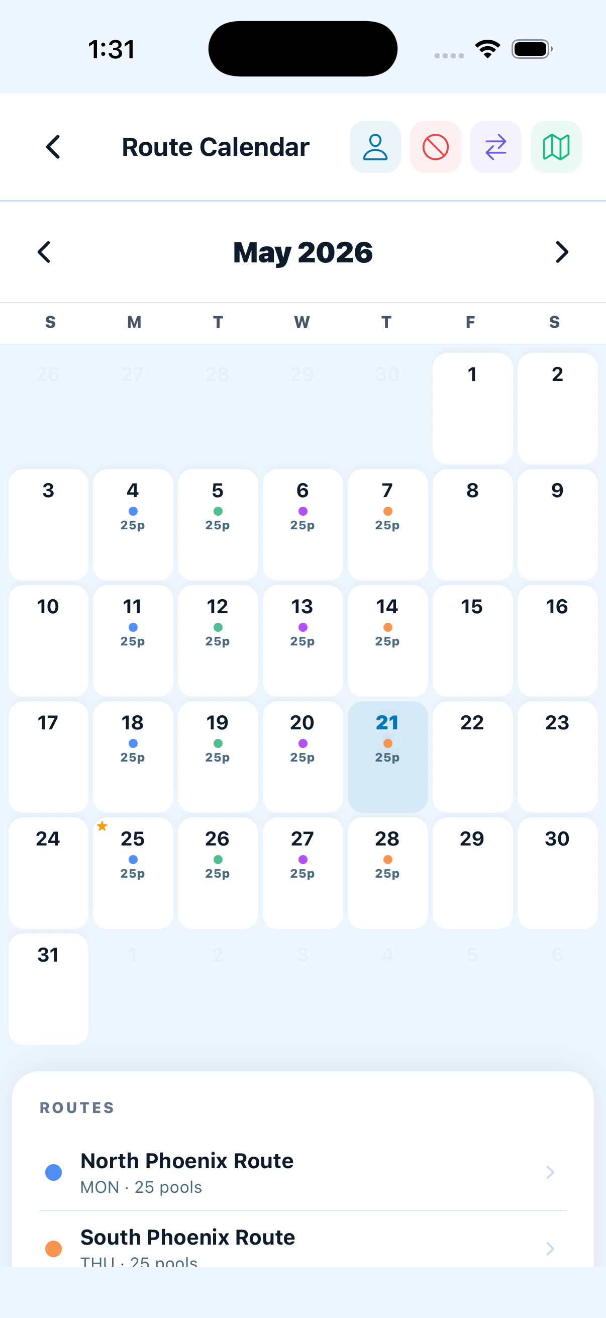 Pool IQ — Route Calendar with color-coded route days
