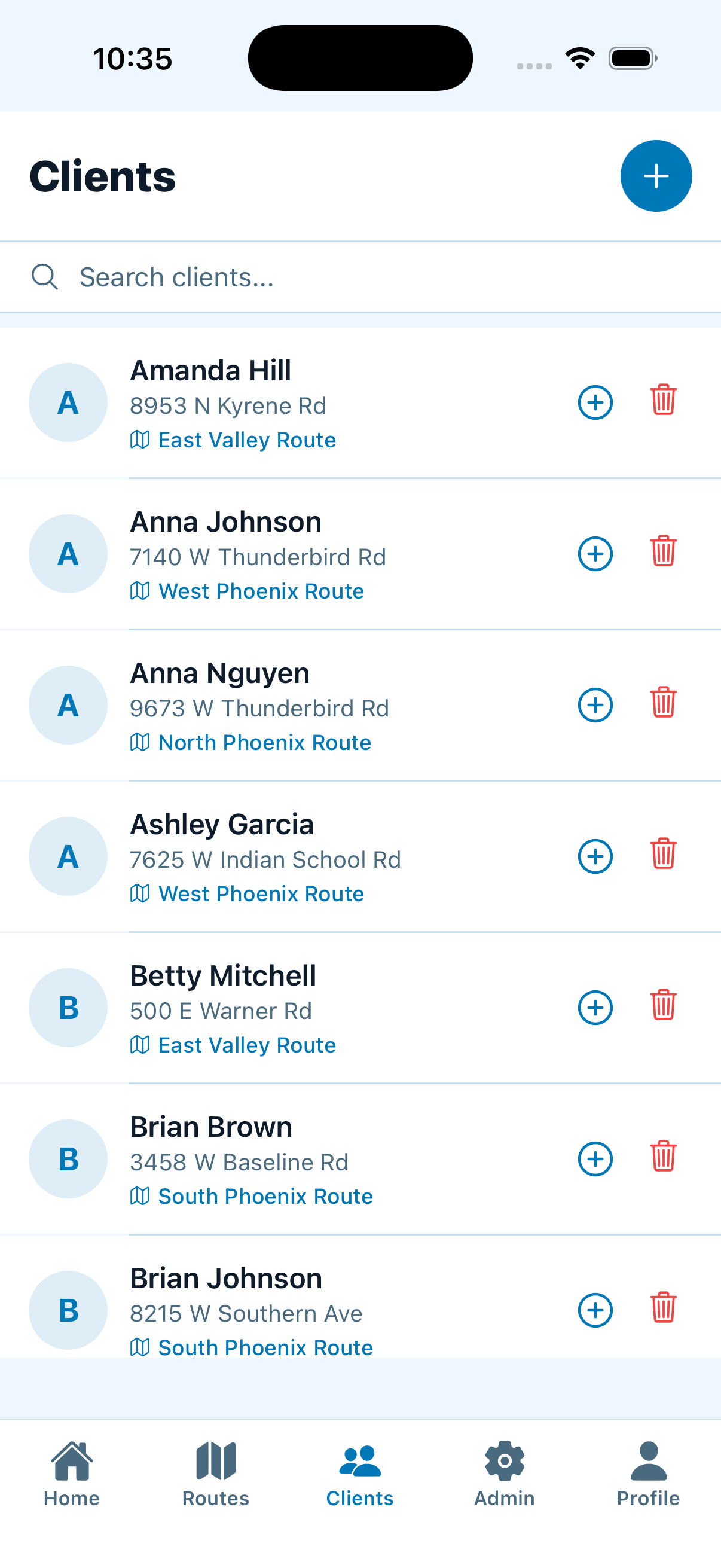 Pool IQ — Client list organized by route