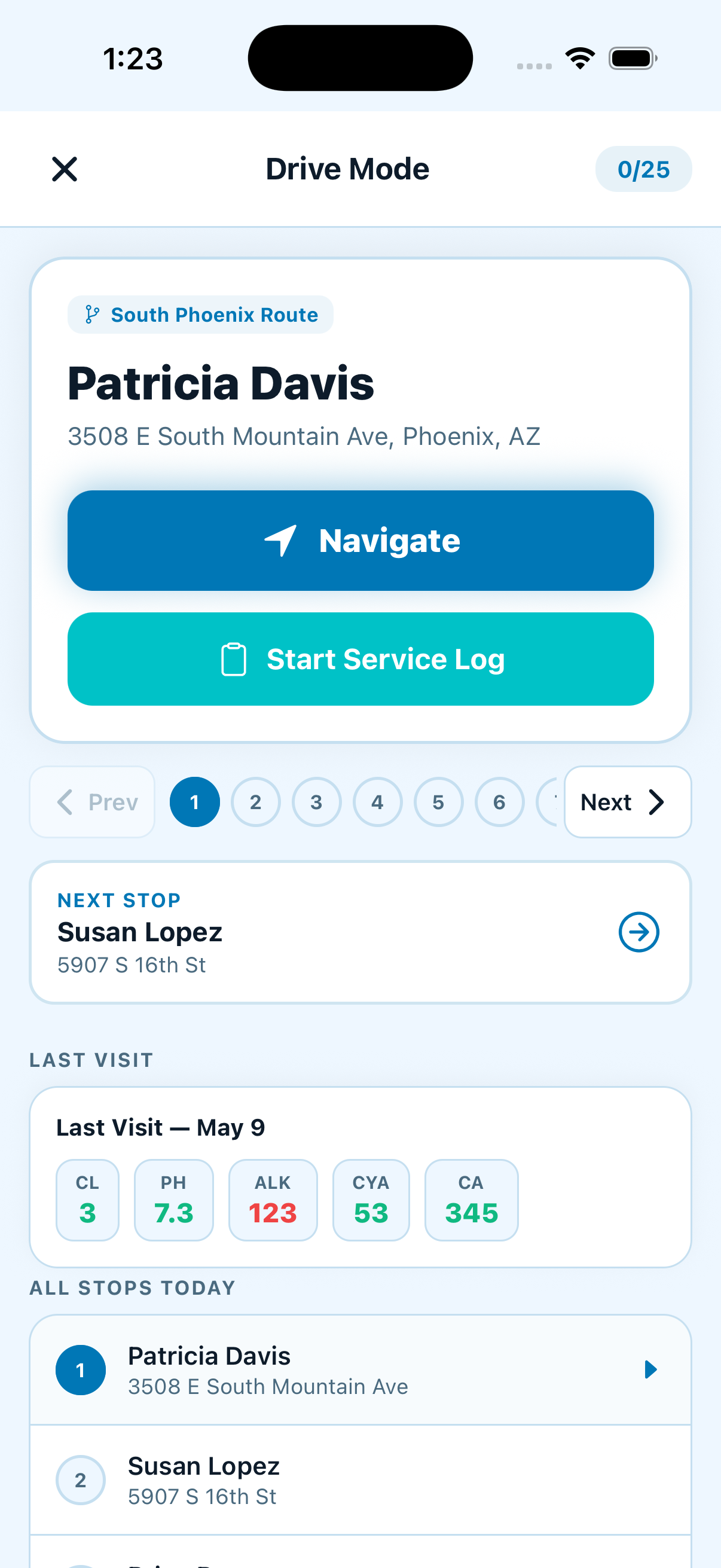Pool IQ — Drive Mode turn-by-turn route guide with one-tap service logging