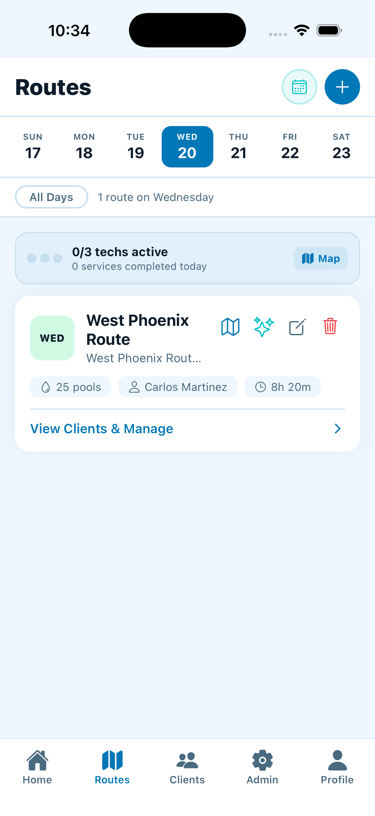 Pool IQ — Routes screen with technician assignments and progress